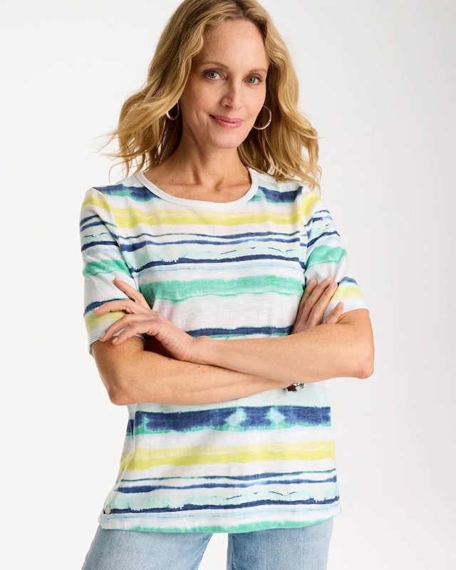 Striped Cotton Slub Elbow-Sleeve Tee - image 1